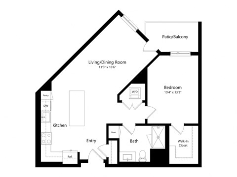 Floor plan for 1 bed, 1 bath, 761 sqft